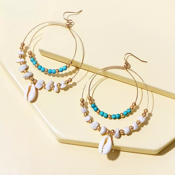 Jewelry - Turquoise Stone Beaded Cowrie Shell Hoop Earrings